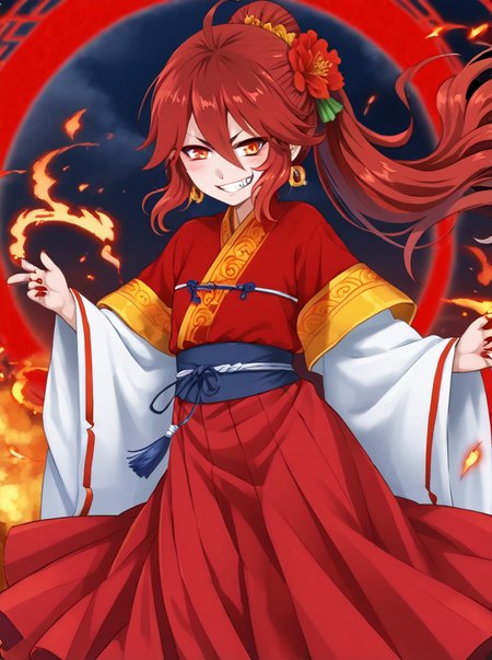 detailed background, shiny skin, posing, rating safe,
<lora:heiqing.pony:1.0>,
heiqing,
taisui,  
clothed girl, red hair, evil grin,