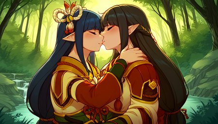 zPDXL,anime artwork score_9,score_8_up,score_7_up,2d,<lora:Iriedono_Style_PonyXL:1>,by iriedono,iriedono,<lora:Huffslove_Style_PonyXL:1>,by huffslove,huffslove,<lora:anime-detailer-xl:1.5>,<lora:Expressive_H-000001:1>,Expressiveh,(source_anime),raytracing,rating_questionable,rating_safe,
2girls,<lora:hinoa.pony:0.6>,hinoa,<lora:minoto.pony:0.6>,minoto,
outdoors,forest,scenery,
absurdres,
upper body,cute,attractive,
standing,hug,kiss,blush,
. anime style,vibrant,studio anime,highly detailed,