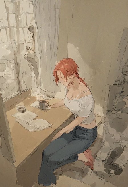 score_9, score_8_up, score_7_up,  
full body portrait, (1 girl sitting in a Japanese room), red hair, torn jeans, cleavage, holding a cup of coffee, in an apartment, sitting on a couch, window behind her, 1boy, spiderman leaving through the window, new york city,  hyperrealistic,  
Expressiveh, Japanese Interior