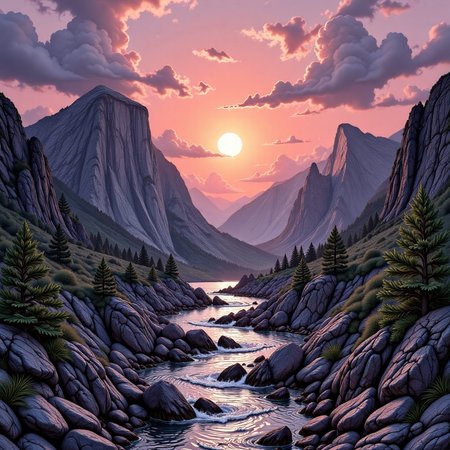sun setting behind the mountains, in the style of hyp3rd3tail