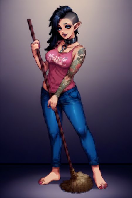 image of a young beautiful woman.

standing in a tshirt and jeans. Slave Collar. Barefoot.

perfect body, seductive look, sexy, beautiful, eyeliner, Nail Polish.

Sweeping with a broom. Doing Chores. Working Hard.

pol1cenaut5, Anime, Pixel Art. pixelart. Pixel. SNES Graphics. SNES Style.

Sexy Elf Woman.

Elf Ears. Black Hair, Shaved Undercut, Undercut Hair Style, Tattoo on Left Arm. Tattoos. Shoulder Length Hair.