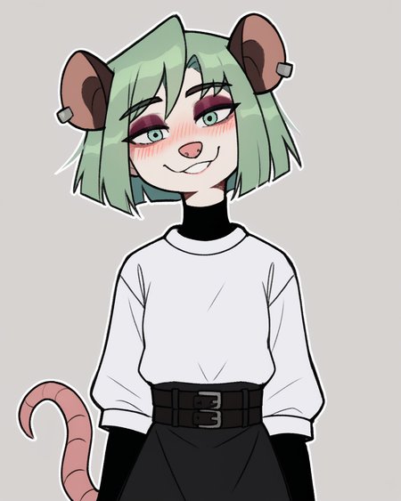 score_9_up, score_8_up, score_7_up, score_6_up, by remanedur, half-length portrait, small breasts, green hair, possum, black turtleneck, green eyes, eyeshadow, female, looking at viewer, tail, dress, blush, solo, ear piercing, short hair, smile, black footwear, belt, three-quarter view, head tilt, simple background, white outline, <lora:Leah_Pines(AIM)_XL_v1:0.15> <lora:PDXL_artist_tags_v2_big:0.5> <lora:The-Minuscule-Task_PDXL_v1.0:0.6> <lora:Nova_Nightingale_jopitr:0.75>