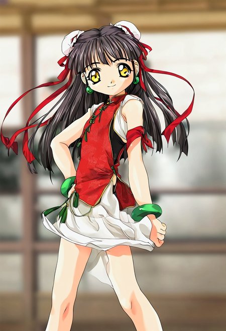blurred background,
smile,
looking at viewer,
solo,
Kounyan, black hair, long hair, double bun, hair bun, bun cover, yellow eyes, ribbon, earrings, flat chest, green jewelry, short stack, 2000s \(style\),anime coloring,
standing,
masterpiece,best quality,good quality,newest,