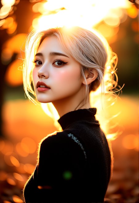 photorealistic, A woman in her 20s, platinum blonde hair, long eyelashes, thick eyelashes, makeup, glamourous, interesting black eyeliner, autumn attire, park scene, golden hour, serene expression, detailed facial features, warm smile, cozy clothing, autumn leaves, setting sun, warm, golden lighting, intricate fabric details, gentle breeze, peaceful atmosphere, ultra-high resolution, natural skin tone, light makeup, autumn hues, wide shot, medium shot, close-up, low-angle shot, high-angle shot, side profile, standing pose, walking through park, hair flowing in breeze, blurred autumn background, hyper-detailed environment, warm glow, tranquil park scene, falling leaves, balanced composition, dynamic stance, fluid motion, emotional connection, serene mood, background focus



cinematic lighting, extremely intricate detail character, accurate depiction of character, correct body anatomy,correct hands and fingers, extremely intricate skin and facial texture detail, intricate black bodysuit design,lifelike potrayal, extrememly realistic lighting, extreme dynamic pose 

 












