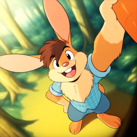 4k, score_9, score_8_up, score_7_up, gay, solo, 1boy, furry, full body,
mature, male, sharp focus, masterpiece, best quality, amazing quality, good eyes, detailed, good lighting, good background,
in the forest,  looking at viewer,
billybuns, neck fluff, rabbit ears,  <lora:billybuns1:1>, brown hair, playful,
SFW, wearing blue and white checkered shirt with sleeves rolled up, holding carrots, inviting, pantless,