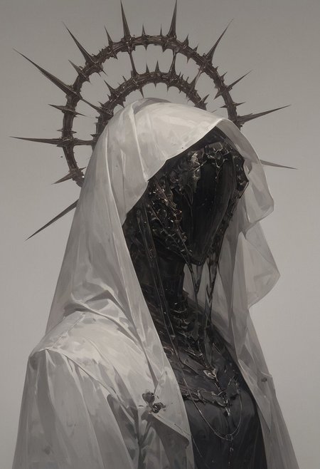 ((score_9, score_8_up, score_7_up)), modern-style colour illustration, bold & powerful, lifelike art, evil & dark robes, detailed setting, dark and moody lighting, ferent poses, inset reaction shot, rich & seductive, freckles, reaction frame, solo, veil, hood up, smoke in the backround, black grey outfit, dark backround, smoke
