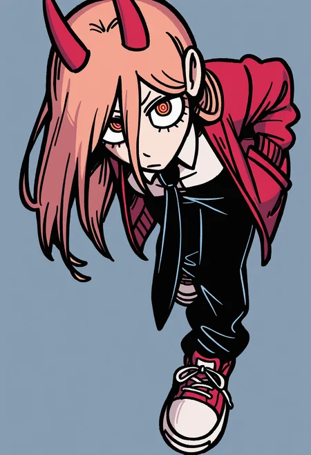 masterpiece, best quality, absurdres, highres, 1girl, black necktie, necktie, solo, long hair, horns, red eyes, shirt, jacket, white shirt, pants, black pants, red footwear, collared shirt, shoes, blonde hair, blue background, simple background, power \(chainsaw man\), hands in pockets, facing viewer, looking at viewer, ringed eyes, leaning forward, close-up, red jacket, from above, upturned eyes, 
 <lora:suragiv3_ill:1>