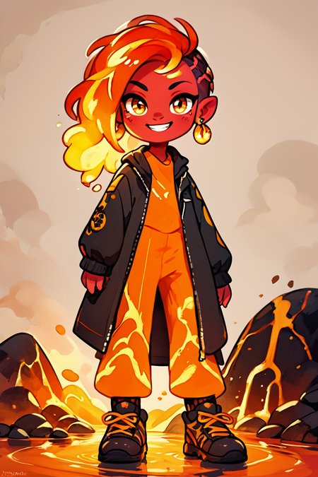 score_9, score_8_up, score_8,   BREAK, , zzLavaGirl, black scales, colored skin, monster girl, orange skin, fire, fiery hair, red skin, molten rock, red hair,  <lora:Lava_Girl_PDXL:1.0>,  , BREAK, socks, big shoes, ,,, smile, looking at viewer, cowboy shot, ,,, embedding:zPDXL, Expressiveh, ,,, <lora:CuteToonPDXL:0.8>, <lora:SDXLFaeTastic2400:0.5>, <lora:Expressive_H-000001:0.4>,