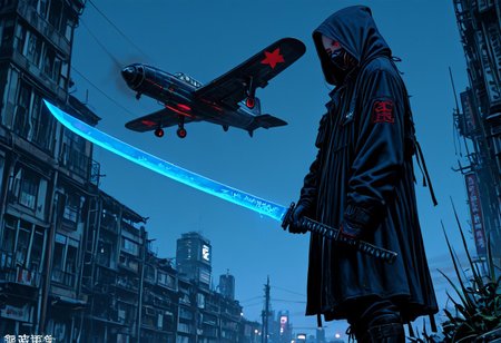 masterwork, masterpiece, amazing quality, best quality, detailed, depth of field, high detail, very aesthetic, 8k, high resolution, photorealistic, realistic skin, realistic anatomy, good anatomy, trending on artstation,
 matte digital painting, line art,ink art, meticulous shading, 3d shading,
 deep colour, high contrast, hyperdetailed, sharp edges, precise, clear focus, detailed face, face focus, sideview, wide shot, looking at viewer, 
 dynamic image of a woman, solo, soldier, enigmatic, (glowing red eyes), wearing a matte black modular suit of armor, molded armour, whole body protection, heavy boots, holding an elegant katana, (blue glowing blade:1.5), good grip, good hands, blade up, ready to fight, standing tall. Deep hood, black face mask, pale skin, fighting in the streets of a futuristic city, gritty, warfare, 
background war-torn futuristic urban landscape, fighter planes overhead, firing missiles, night sky, dramatic lighting, dynamic angle, whole body, face focus, high contrast, deep shadows, distant fires, smoky sky, matte painting, 
emwv2-illu