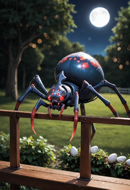 no humans, monster,
pokemon (creature), spider,
extra eyes, glowing eyes, red eyes,, <lora:broodmother_spider_v1:1> broodmother_spider_v1,, score_9, score_8_up, score_7_up, score_6_up, derpibooru_p_95, solo
detailed eyes, beautiful, detailed background, perfect eyes,
blur censor, blurry, blurry background, blurry foreground, bokeh, motion blur,
chromatic aberration, depth of field, figure, focused,  focus
photography, realistic sun light and shadows, photorealism, UHD --ar 9:16 --style raw --stylize 700
medium long short , stressed , Sitting on fence rail,, cozy farm set in wooden coop with egg collection basket moon-rays, night, moonshine