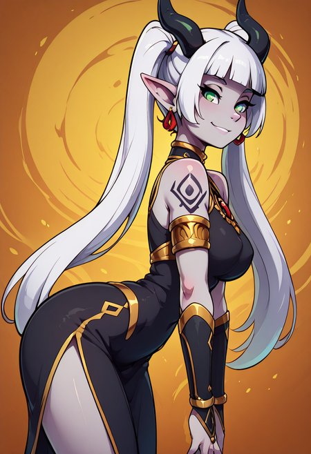 masterpiece, best quality, solo, curvy, beautiful eyes, narrow waist, wide hips, 1girl, solo, smile, looking at viewer, foreshortening, close up, anime screenshot, large breasts, zzSabellaCitronOC, long hair, green eyes, white hair, horns, pointy ears, twintails, grey skin,  shoulder tattoo, china dress, black dress, gold trim, jewelry, earrings, bare shoulders, armlet, bridal gauntlets, ,<lora:SabellaCitronOC_IXL_v2:1.0>,  side view, ass, leaning forward, cowboy shot, smile, looking at viewer, shiny skin,