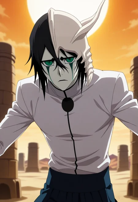 masterpiece, best quality, , anime screencap, , official style, , depth of field, 1boy, solo, male focus, <lora:ulquiorra_cifer_ilxl:1>, ulquiorra_cifer, black hair, green eyes, facial mark, hair between eyes, , desert palace, sand towers, sun courts, wind gardens, noble pose, regal expression, golden hour, RustRed Zigzag Board pants, Eyelet Terracotta Thermal shirt, , ,