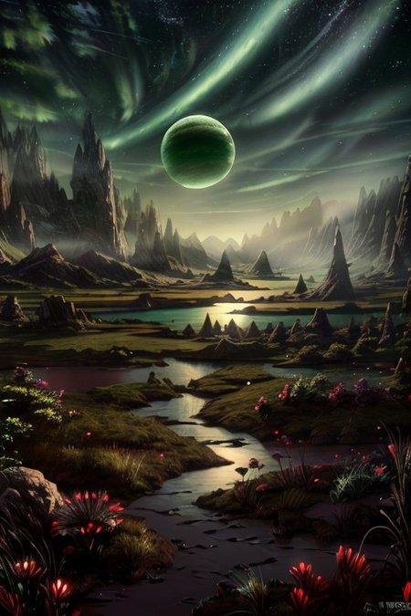 masterpiece, best quality, Rocky mountains stretch upwards in thin peaks into the greenish sky of an alien planet, at the foot of the mountains greenish snow is visible, in the foreground there is a small lake with muddy water, above the lake there is a light greenish haze. A gas giant planet is visible in the sky,  Matte painting, artstation, 4k, high resolution, (masterpiece:1.2), best quality