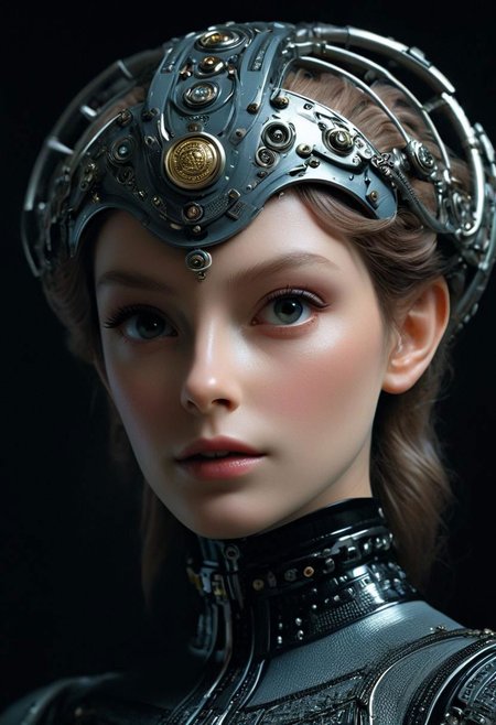 Stylized By Herg: Closeup Portrait, Hyperdetailed awesome Sci-fi Versace Advertisement, dark retro beautiful busty Female Borg, pureerosface_v1 blushed Smile from below, thin face, blushed, Freckles, on the Enterprise in bedroom, very detailed, HD photorealistic, hyper realistic, masterpiece, Explore the somber tones and bleak atmosphere in your depiction, a slender, busty and shy woman in her twenties, living in a picturesque village. Focus on her tousled dark updo, revealing the graceful curve of her neck, Cat like natural eyes framed by freckles. Emphasize her quiet smiling and unassuming nature as she navigates the village with a sense of timidity. Dress her in earthy tones that complement her connection to the natural world.