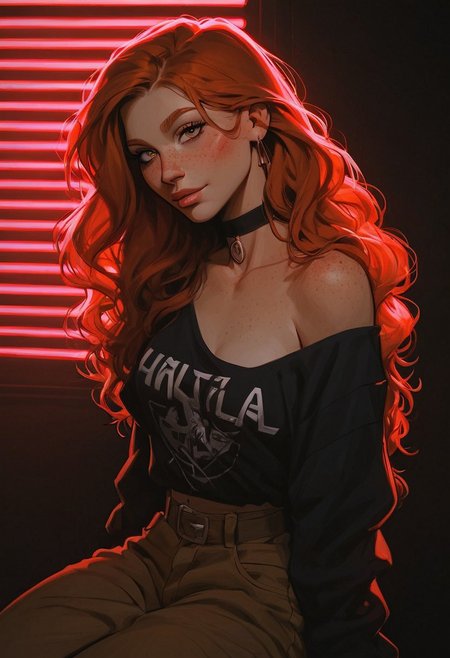score_9, score_8_up, score_8_up, 1 Caucasian ginger girl, 1 girl, ginger hair, ((long hair)), ((bangs)), wavy hair, choker, portrait, (in nightclub), blushing, looking up at viewer, ((streetwear, baggy cargo pants)), freckles, average tits, thuck thighs, teardrop shaped tits, fit body, thin waists, beautiful, neon lighting, negative_hand, g0thicPXL, GTA