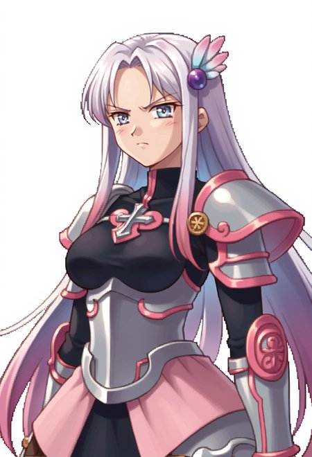 score_9, score_7_up, source_anime, BREAK <lora:zs_SkyPortraitsXL:1> skyportraits, portrait, white background,, serious, 1girl, white eyes, white hair, very long hair, parted hair, parted bangs, gradient hair, lilac hair, medium breasts, wing hair ornament, valkyrie, black bodysuit, armor, gauntlets, greaves, pink breastplate, grey armored skirt, armored dress, pink hues,