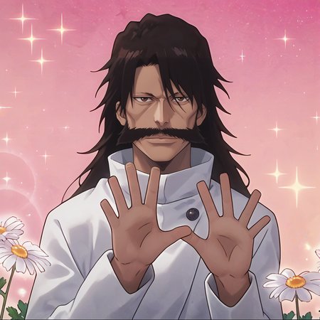 score_9, score_8_up, score_7_up, score_6_up, score_5_up, score_4_up, masterpiece, high quality, detailed
1man, long black hair, dark brown hair, huge mustache, pronounced cheekbones, long nose, thin eyebrows, white boots, brown eyes, maroon-black cloak, broad chin, white uniform, close-up, upper body, <lora:yhwach:1> 
 <lora:Jujutsu_meme_face:0.8> arms outstretched, tilted torso, open hand gesture, leaning forward, one leg raised, pink gradient background, sparkles, bokeh effect, flowers, soft lighting