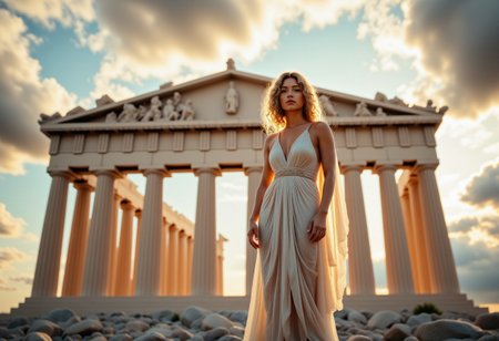 the most realistic, photorealistic photo ever taken [(greek goddess athena:1.5) standing in front of (THE PARTHENON:1.5) in the clouds, , a dream world shifting landscapes, and mythological creatures, Captured with a Hasselblad X2D 100C and an 80mm f/1.9 lens, golden hour,hyper-realistic textures, soft studio lighting, elegant shadows, styled for a Vogue beauty editorial, incredible realism, creamy bokeh, ultra-detailed textures, perfect lighting], aidmaimageupgrader, aidmamj6.1