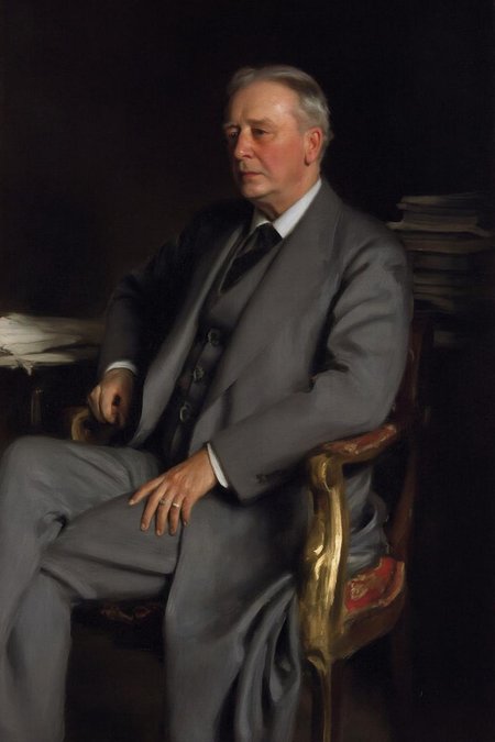 johnss1 painting.a portrait of an old man is seated in a chair. The man is dressed in a gray suit, a white collared shirt, a black tie, and gray pants. His left hand is resting on his lap. His right hand is draped over his left shoulder. The chair he is sitting on is made of wood, with a gold armrest. The backdrop is dark, and a stack of books is visible behind the man. <lora:johnss2_cap_d6a3:1.0><lora:829180652667588421:0> <lora:johnss2_cap_d6a3:1.0><lora:859971504052402927:0>