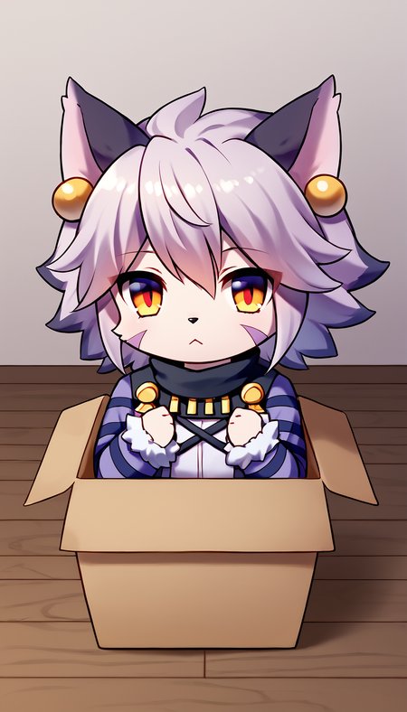 score_9, score_8_up, score_7_up, source_anime
BREAK
<lora:ElhPDXL:1> <lora:boxed_potat_v1:1> elh, 1girl, solo, furry female, cat girl, b0xe,chibi, in box, looking at viewer, :<,  expressionless, cute, red eyes, orange eyes, body fur, elhattire, fur-trimmed sleeves, fur trim, cat ears, white hair, short hair, shiny hair, earrings, facial mark, animal nose, striped sleeves, empty room, wood floor, white wall