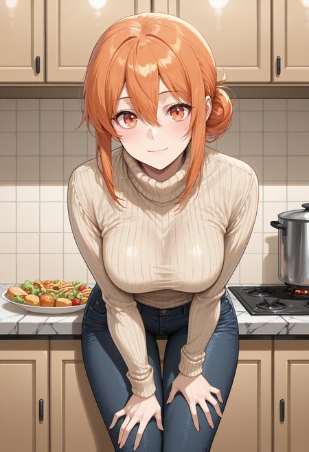 masterpiece, best quality, highres, absurdres, 1girl, solo, yghmm, medium breasts, orange hair, hair between eyes, sidelocks, single hair bun, , kitchen, indoors, leaning forward, hand on own thigh, orange eyes, beige sweater, turtleneck sweater, jeans, food, looking at viewer, thigh gap, light smile, closed mouth