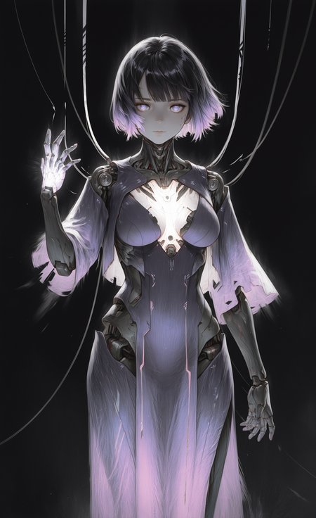 masterpiece, best quality, good quality, newest, highres, absurdres, 1girl, solo, breasts, looking at viewer, short hair, simple background, black hair, dress, closed mouth, purple eyes, purple hair, multicolored hair, cowboy shot, hand up, two-tone hair, gradient hair, glowing, black background, pelvic curtain, purple dress, science fiction, android, cable, joints, mechanical arms, cyborg, robot joints, mechanical parts, cyberpunk, Z3D, Rovina_Cai
G0zeNA_illu, abstract, surreal <lora:illustriousXL_stabilizer_v1.23:0.3> <lora:NOOB_vp1_detailer_by_volnovik_v1:0.3> <lora:ponyv6_noobE11_2_adamW-000017:0.3> <lora:G0zeNA_style:0.8> <lora:Rovina_Cai_-_MtG_Style_-_Zeds_Styles:0.7>