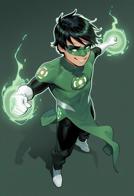 masterpiece, absurdres, high quality, perfect anatomy, 1boy, solo, cute boy, male focus, TaiPham, Black Hair, Green Lantern Ring, Green Lantern Costume, Green and Black Bodysuit, Green Domino Mask, White Eyes, White Gloves, Pelvic Curtain, Black Pants, White Shoes, Glowing Green Outline, Green Energy Aura, floating, levitating, big smile, cinematic, intricately detailed illustration, depth of field, masterpiece, best quality, amazing quality, very aesthetic, absurdres, newest, very awa,  shadow, dynamic angle, casual cosplay, dynamic pose, simple background, green theme
