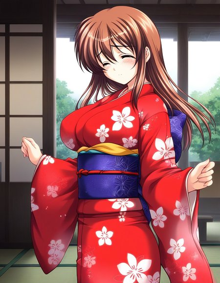 score_9, score_8_up, score_7_up, source_anime, rating_explicit, BREAK  <lora:Yotsutani_Asako_Ver2.0_XL:1> YotsutaniAsako, solo, brown hair,  large breasts, long hair,
japanese clothes, kimono, closed eyes,  obi, red kimono, sash, long sleeves, floral print, blush,
Japan room, 
sad, 
looking at viewer, 
cowboy_Shot,