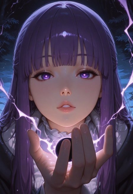 artist:Konya Karasue, masterpiece,amazing quality, Fern \(sousou no frieren\), purple eyes, purple hair, half updo, bangs, night, outdoor, magic, fire magic, lightning magic, multiple spells, mana,  black hole in hand, holding black hole, shadow magic,
Ultra-realistic, beautiful eyes, capturing emotion, personality, flattering lighting, professional, perfect hands, engaging, compelling composition, detailed skin, ((detailed face)),
artist:moriimee, M4gicalL1nes