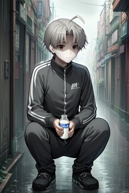 score_9, score_8_up, score_7_up, BREAK solo, 1boy, <lora:NSHisaoKatawa:1> NSHisaoKatawa, brown eyes, short hair, ahoge, grey hair, tracksuit, squatting, milk bottles, alleyway, shaded face, expressionless face, dim, raining, grayscale