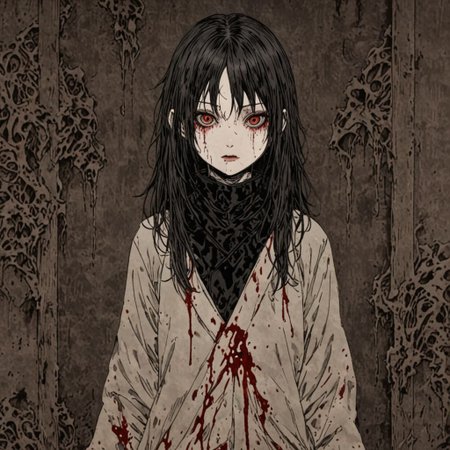 japanese line art    , goth girl, bloody, dark lighting, horror vibes, bedroom background,  weathered canvas and brushstroke, highly detailed, high definition,