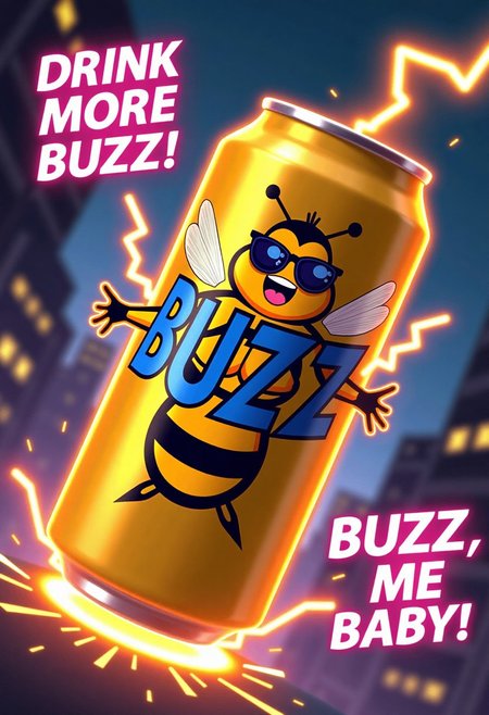 Create a vibrant, over-the-top energy drink advertisement poster for a fictional product called 'Buzz'. The can is glowing gold with lightning bolts and bee wings, shooting out sparks. In the background, a pumped-up cartoon bee with sunglasses and six-pack abs is flying through a cyberpunk city at night, leaving trails of electricity. Bold neon text in the image says: 'DRINK MORE BUZZ!' and BUZZ ME BABY!' — Make it humorous, chaotic, and visually explosive like an anime commercial crossed with a 90s soda ad.