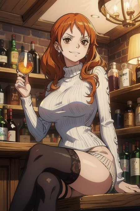 (masterpiece:1.3), (best quality:1.3), illustration, 8k, highres, intricate detailed, highly detailed, detailed background, depth of field, (MILF:1.3), 1 girl, nami,solo, 
mature female,
(smirk:1.2), large breasts, sexy body, turtle neck sweater, black tight skirt, lace trim thighhighs, looking at viewer, sitting, crossed legs, indoors, bar, counter, liquor shelf, chandelier, rim light,sam yang