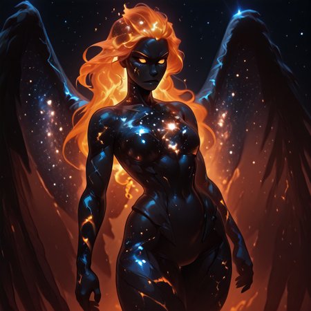 masterpiece, amazing quality, best quality, ultra-detailed, 8K, ultra-detailed-eyes, newest, highres, absurdres, volumetric lighting, raytracing, soft lighting, bloom effect, glow, shining, intricate cinematic background, <lora:SpaceGoddess:1> sp4ce-g0dd3ss,  <lora:Glowing_Hair:1> h41rgl0w, glowing hair, orange hair, (dynamic pose, dynamic angle), large wings, 
constellations, light, darkness, shadow, ice, silhouette, 1girl, solo, serious , orange aura, nebula, space, stars, black armor, black skin, glowing veins,  <lora:The_Alphabet_Style_-_Illustrious:1> th3-4lph4b3t-t4g, <lora:reij-rt:1> <lora:spo_sdxl_10ep_4k-data_lora_webui:1>