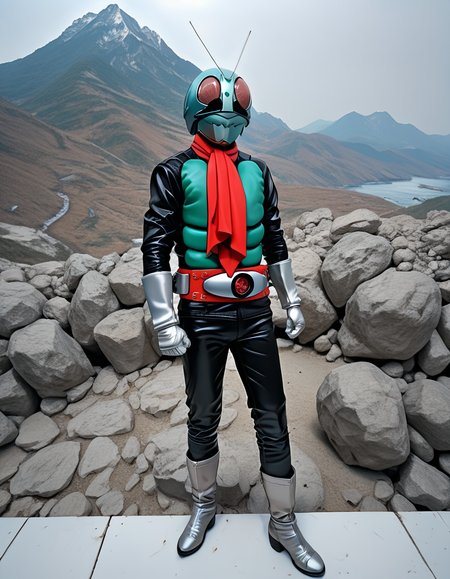 score_9, score_8_up, score_7_up, source_real,realistic, photorealistic, BREAK <lora:detailed_notrigger:1> <lora:zy_Detailed_Backgrounds_v1:1> extremely detailed, detailed background,
 <lora:BDpony_KamenRider1_V1-5696:0.9>, KamenRider1_HongoTakeshi, 1boy, male focus, solo, helmet, boots, rider belt, antennae, gloves, tokusatsu, belt, scarf, standing, white gloves, clenched hand, full body, grey footwear, shadow, mask, outdoor, Mountain