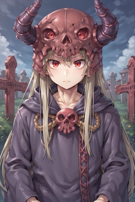 (score_9, score_8_up, score_7_up, score_6_up), source anime, BREAK, <lora:Necromancer:0.85> , necdef, 1boy, red eyes, long hair,  grey hair, horned helmet, skull brooch, (robe), looking at viewer, solo, serious, (portrait), close-up, outdoors, graveyard, night,  <lora:backgroundsetXL:0.4> , background,  <lora:y0tt4:0.6> , y0tt4,