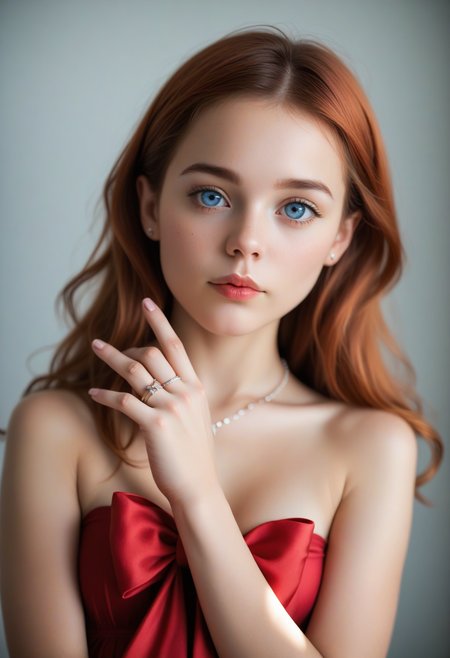 score_9, score_8_up, score_7_up, source_photo, 8k analog photo, (realistic:1.2), best studio quality, masterpiece, super realistic, extreme cinematic,beautiful soft light, aesthetic, hight detailed realistic light and shadows,  realistic light aberration, redhead girl, ribbons, necklace, rings on fingers, hight quality detailed perfect skin, polychromatic heterochromic red-blue eye contact, <lora:age_slider_v4:-1>,  <lora:sdxl_photorealistic_slider_v1:4>, <lora:Cinematic Hollywood Film:1>