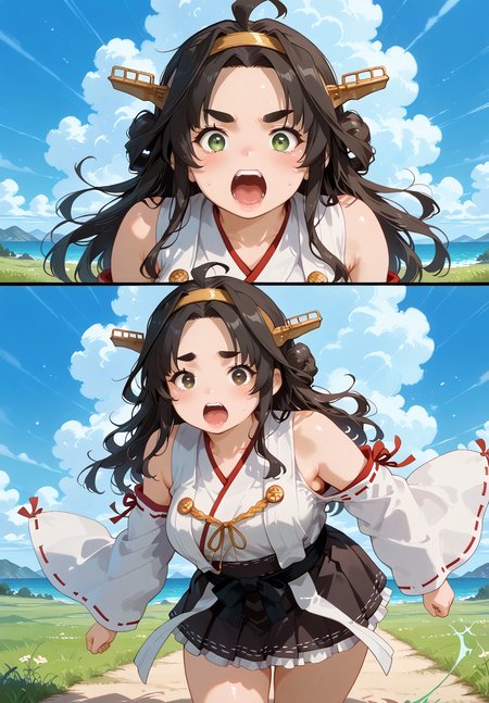 IllusP0s, PonyScores7, source_anime, ah1, IllustriousQual, interesting, exciting, spectacular, wonderful, 
BREAK <lora:xl_more_art-full_v1:0.2>, <lora:aesthetic_anime_v1s:0.2>, <lora:EpicF4nta5yXL:0.2>, <lora:detailxl:0.2>, detailxl, <lora:Fant5yP0ny:0.2>, amazing quality, best aesthetic, absurdres, illustration, Volumetric_Lighting, ultra-detailed, very aesthetic, intricate details, best_quality, <lora:Anime_Aesthetic_Wallpaper_StyleIllustriousXL:0.4>, aniwall,
BREAK ((her body became enveloped in a swirling vortex of wind, the air around him twisting and turning with incredible force, lifting nearby objects into the sky)),
BREAK Stable_Yogis_PDXL_Positives, AS-Adult, <lora:Complicated fantasy portrait - XL Pony V2.0:0.2>, bad-hands-5, <lora:HDA_Detailer:0.3>, <lora:natsumi_style:0.5>, <lora:by_usakun-pony:0.4>, by usakun, <lora:Akina_Bbw_Style_-_PonyXL:0.2>, AkinBw, ((long exposure photography, streaking lights, smooth motion, dreamy landscapes, ethereal atmosphere, light painting, creative expression, time manipulation, surreal effects, captivating visuals, artistic interpretation, immersive experience, unique perspective)),
BREAK 1girl, mature female, (curvy), round-chin, caucasian, <lora:ETO_OC_Illustrius:0.5>, eto_oc, skindentation, (plump), thick thighs, wide hips, busty, voluptuous, <lora:venus body PonyXL:0.3>, <lora:shinyskin2:0.2>, glistening skin, HDA_FatGirlXL, round ass, large breasts,
BREAK ((<lora:kancolle-kongou-cosplay-ponyxl-lora-nochekaiser:0.8>, kancolle kongou cosplay, kongou (kancolle) (cosplay), kongou pose, nontradional miko, cosplay, ribbon-trimmed sleeves, ribbon trim, bare shoulders, headgear)),
BREAK (curly hair), long hair, (black hair:1.4), (parted hair:1.7), messy hair, kinky curls, <lora:hairdetailpxl:0.2>, hairdetailpxl,
BREAK (half green and brown eyes), (colorful eyes), (multicolored eyes), (downturned eyes:1.4), <lora:expressive eyes:0.2>, expressive eyes, <lora:eyedetailpxl:0.2>, eyedetailpxl, <lora:Eyes_High_Definition:0.2>, EyesHD, (round face:1.2), (thick eyebrows:1.3), (plump face), <lora:Round_face:0.2>, lips, 
BREAK ((screaming expression)), <lora:Expressive_H:0.2>, Expressiveh, <lora:Emotional_Anime_Expressions_PonyXL_Concept:0.2>, emotional, <lora:Best_Facial_Expression_LoRA_PONY:0.2>, looking at viewer, <lora:Detailed expressive EXEV style -XL Pony V1.0:0.2>, FaceDetail, <lora:Best_Facial_Expression_Helper_XTREME_ILLU:0.4>, kaogei,
BREAK ((({translation|rotation|vibration|convection|diffusion|brownian motion|wave propagation|electric current}, {swirling|flowing|turbulence|circulation|convection|whipping|drifting}, shadow magic, shadow manipulation (creating and controlling shadows), darkness magic, invisibility and concealment))), <lora:Background Detailer - SDXL:0.8>, 4k, 8k, Ultra HD, Masterpiece, Best quality, Detailed background, <lora:Add_more_details_V2_XLpony:0.4>, full_details, <lora:background-type1:0.4>,
