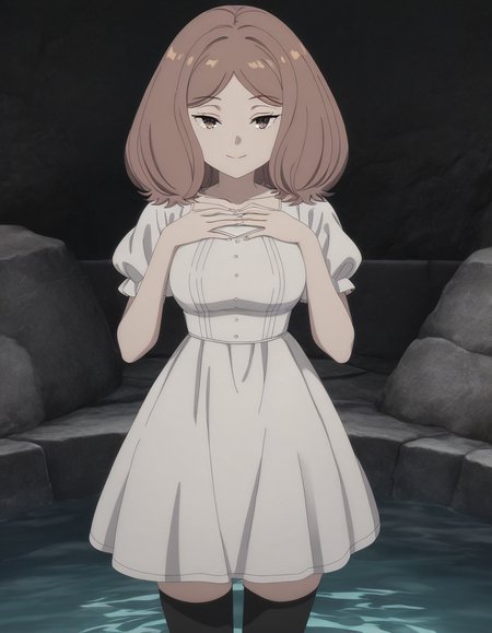 masterpiece, best quality, newest, absurdres, highres, safe,, <lora:mage-edel-s1-illustriousxl-lora-nochekaiser:1>, edel, brown hair, brown eyes, medium hair, medium breasts, anime screencap, thighhighs, dress, black thighhighs, white dress, short sleeves, puffy sleeves, puffy short sleeves, well, water, stone, old, deep, smile, hands on own chest, looking at viewer, solo,, cowboy shot, solo