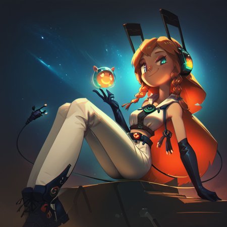score_9, score_8_up, score_7_up, score_5_up, 28y old girl, pale skin, tall girl, long (((thick))) neck, long legs, (sitting), astronaut engineer, gradient brass to copper, heavy visor robot eye on one eye, two eyes, oversize long thick darkcopper skirt, ((engineer gloves)), taped long skirt above legs, heavy utility tools belts hanging, champion belt with huge buckle with many toolboxes, oversize hoodie on back, red thick rubber oversize hood on the back top, open helmet, covered ears, light plate space armor, heavy backpack, covered neck with radio, microphone from headset to mouth, thick black wires around, ((oversize)) thick glass bubble helmet transparent, mecha long winglike antennas above helmet, square oversize glasses, white rubber heavy sneakers, white long socks, translucent slime boy, (((black thick and long wire tail))),  beautiful eyes, (((detailed eyes, detailed face))), (smug), (((long)) (tape) (striped) hairstyle with this single ((large)) (((very long))) taaped braid, soft shading, 8k, masterpiece, face and waist close-up shot, dark space background,