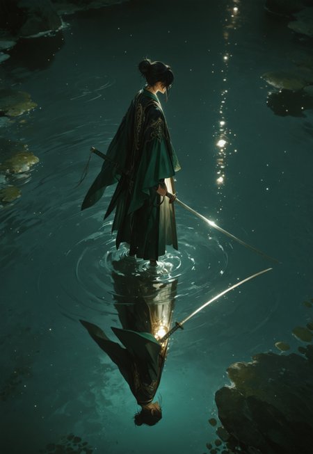 aetrnm2, weapon, sword, solo, 1boy, water, male focus, wading, holding sword, katana, holding, japanese clothes, holding weapon, standing, reflection, ripples, single hair bun, glowing, night, black hair, light particles, dynamic, kodachrome, masterpiece, best quality, highest quality, aesthetics, newest, 4k