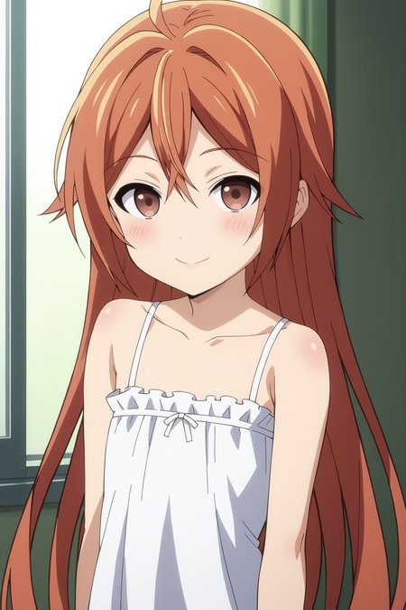 score_9, score_8_up, score_7_up, source anime, prefect lighting, very aesthetic, BREAK, anime screencap, anime coloring,
<lora:aihara_enju_v1-pony6:0.9>, 1girl, aihara enju, black bullet, orange hair, long hair, straight hair, flat chest, 
BREAK, looking at viewer, light smile, blush, portrait, white nightgown, 
BREAK,