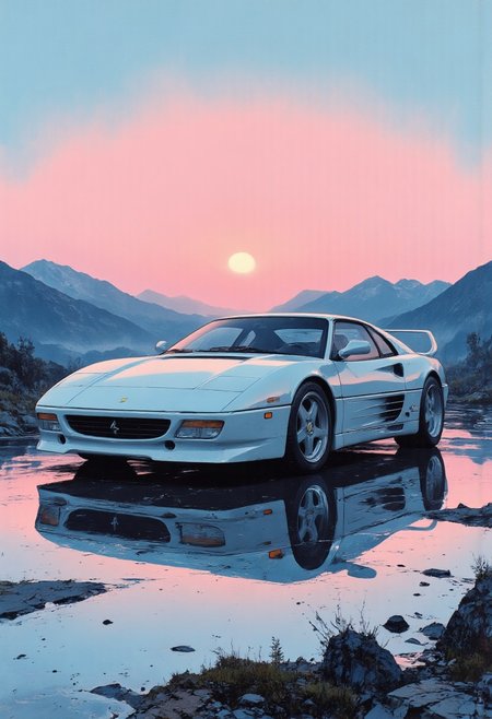 a sports car standing on a perfectly smooth surface that reflects it, creating a mirror effect. The 90's Ferrari is done in a bright style with an emphasis on white and pink and blue hues, a futuristic atmosphere. The background shows a sunset with soft pink and orange colors and silhouettes of mountains