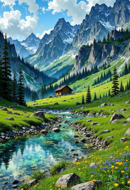 Swiss Alps Valley – Rolling Green Hills & Snow-Capped Peaks
"A breathtaking valley nestled in the Swiss Alps, where rolling green meadows stretch between towering snow-capped peaks. A crystal-clear river winds through the valley, reflecting the bright blue sky. Wildflowers in shades of purple and yellow sway in the gentle breeze, while a small wooden cabin sits peacefully in the distance, surrounded by pine forests."
