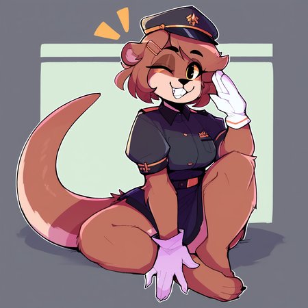 score_9_up, score_8_up, score_7_up, score_6_up, furry female, full-length portrait, by remanedur, pearl aurora, female, furry, otter, yellow eyes, tail, dark brown hair, white gloves, ((headgear)), salute, gesture, winking at viewer, happy, short hair, brown fur, hairclip, ((white navy uniform)),  (solo), three-quarter view, head tilt, <lora:Leah_Pines(AIM)_XL_v1:1>,  <lora:PDXL_artist_tags_v2_big:0.8> <lora:The-Minuscule-Task_PDXL_v1.0:0.8> <lora:Pearl Aurora:0.15>