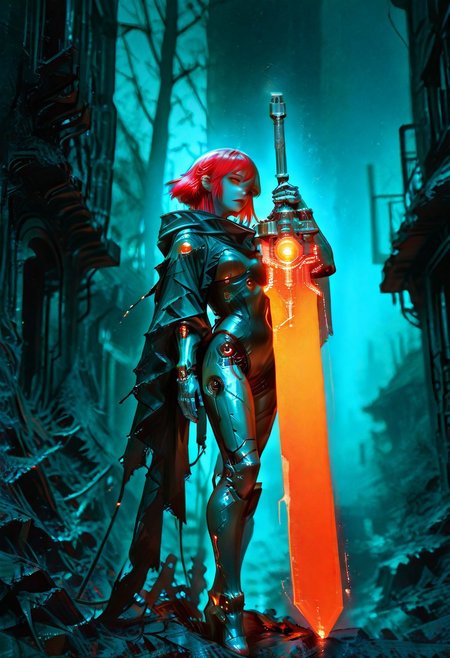 masterpiece, best quality, good quality, newest, highres, absurdres, volumetric lighting,gradient color,
BREAK 
raytracing, volumetric lighting, ambient occlusion, Background, girl, 
BREAK
masterpiece, best quality, absurdres, newest, very aesthetic, amazing quality,highres,sensitive, highres, ultra detailed, best anatomy, HDR, 8K, high detail RAW color art, high contrast, large pupil,photo background,realistic background
BREAK
<lora:ck-painterly-fantasy-IL-000011:1>, in the style of ckpf,, matching eyes, Anime-style upper body close-up of a robotic woman in a sexy bunny costume, exposed wires and mechanical parts visible, swinging a massive egg-inspired sword, eerie atmospheric haze, sci-fi themed, dystopian setting, grey and bleak orange color grading, high quality, masterpiece, cinematic lighting, glowing patterns on the sword, soft but eerie expression, metallic skin, intricate robotic details, long flowing red hair with metallic highlights, dark, moody background with futuristic ruins, high contrast lighting, exaggerated features, dramatic shadows, cold and harsh atmosphere. giant sword, huge sword, technical sword, Cyberware, cybernetic lines, exposed mechanics, cable,cyborg, mechanical parts, robot joints(swirling magic energy:1), fallen tree in background, full body, volumetric lighting, intricate details, blurry background, depth of field .cybervision.giant sword