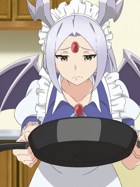 highres, best quality, masterpiece, very aesthetic, newest,kono subarashii sekai ni shukufuku wo!, anime screencap,1girl,solo,dorugoramon maid,maid dress,maid headdress, yellow eyes,silver hair,red forehead gem,dorugoramon wings,dorugoramon horns,sad,pouting,upper body,holding frying pan,indoors,kitchen, <lora:DorugoramonIllustrious:1>