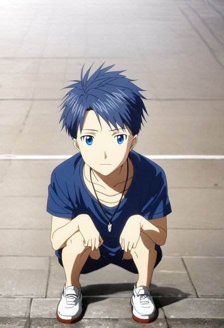 high resolution, solo, best quality, 1Boy, Yamato Ishida, Blond Hair, Blue Eyes, Necklace, lofi, candid, squat, depth of field, photo model, looking at viewer, OverallDetail