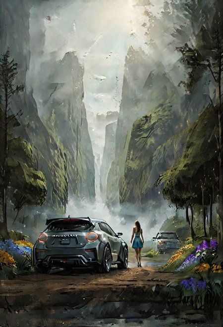 digital art, NISSAN, mountail landscape backgound, plants tress and flowers, a girl standing nearby the car