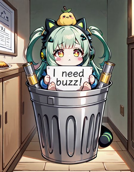 masterpiece,best quality,amazing quality,ultra detailed,very aesthetic,absurdres,<lora:NeedBuzz_sign_Illustrious:1>,need_buzz,holding sign,<lora:In_trash_can:0.8>,1girl,animal ear headphones,barefoot,blue serafuku,blush,blush stickers,chibi,food on head,green hair,gun,hair ornament,holding,in trash can,indoors,jacket,long hair,long sleeves,male focus,open jacket,red eyes,solo,tail,white shirt,yellow eyes,buzz,I need buzz,